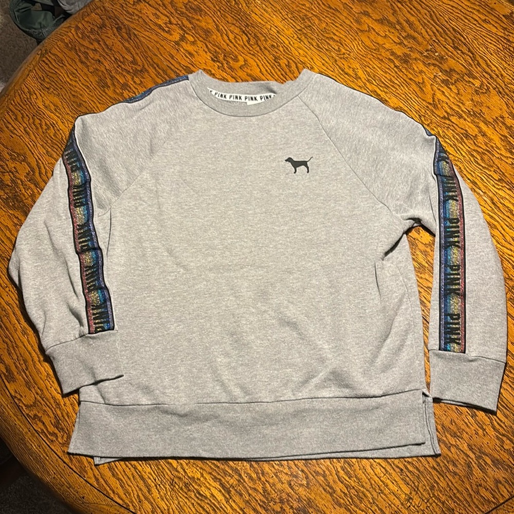 Victoria Secret Pink Small Grey Crewneck with rainbow sleeve